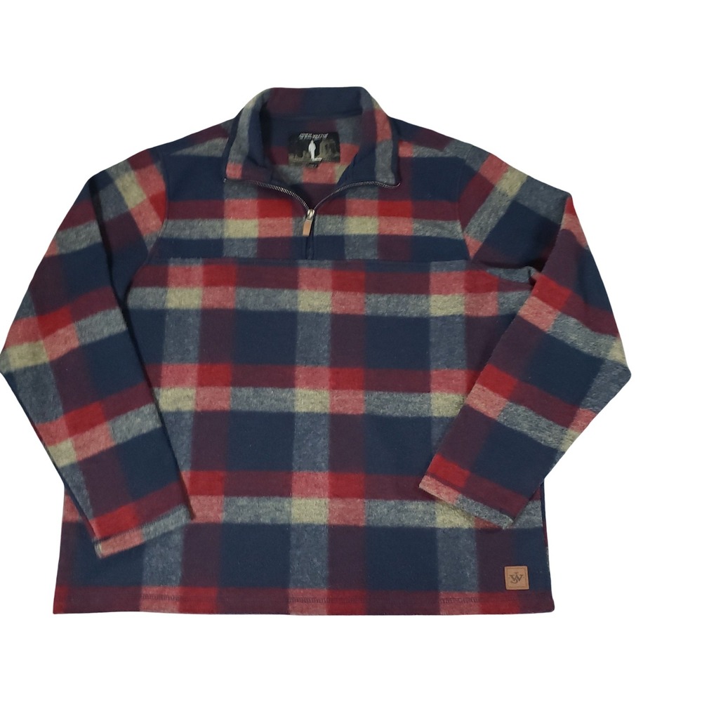 John Wayne Stock & Supply Mens XL Plaid Quarter Zip Fleece Pullover Navy Red